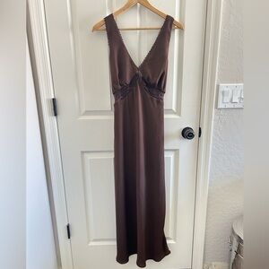 Women’s Satin Lace Trim Midi Dress in Dark Brown